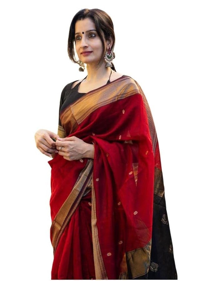 سيريل ساري نسائي من البوليستر والقطن بنقشة الجاكار من سيريل مع قطعة بلوزة غير مخيطة (3583S346_أحمر) - Image 1